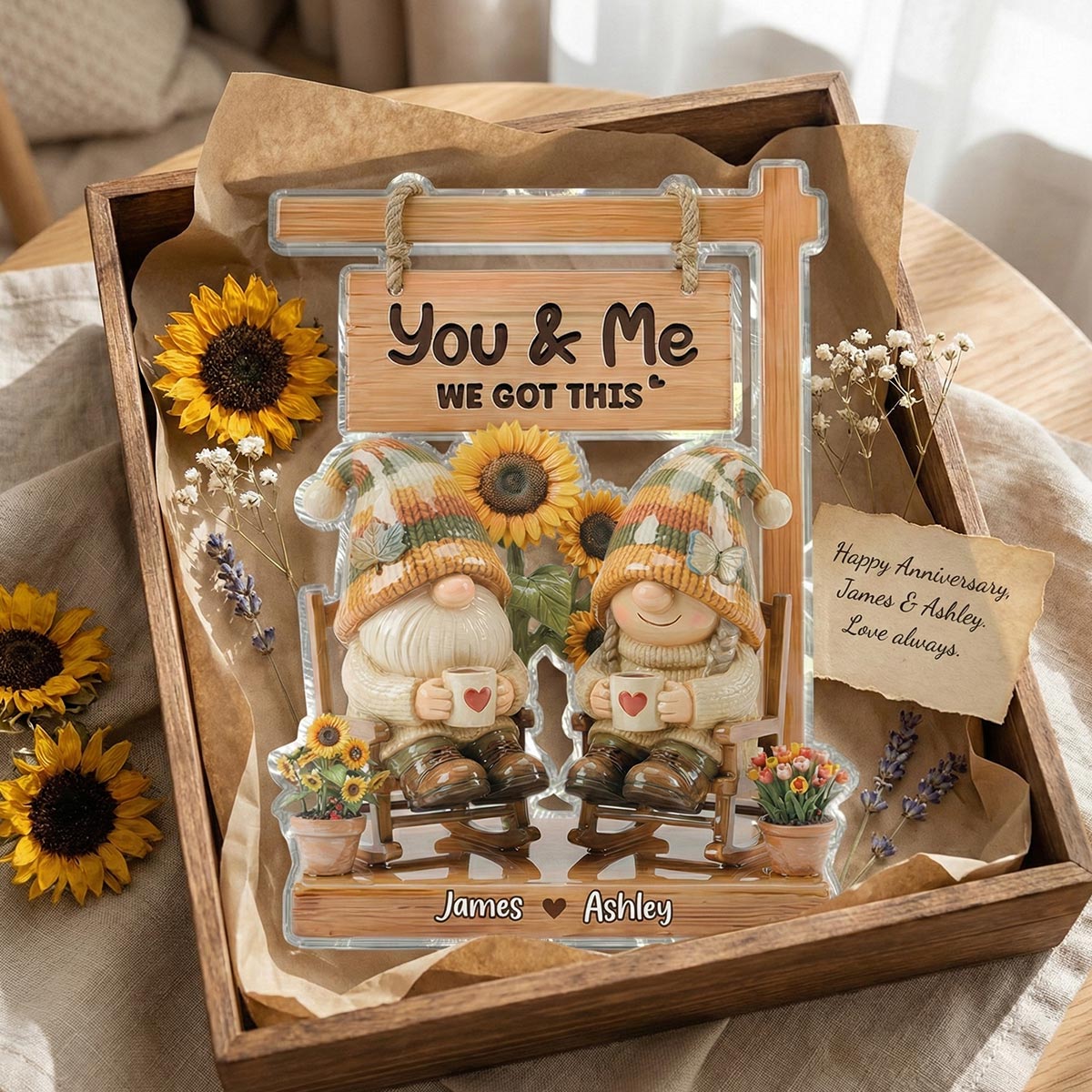 3D Effect Gnome Couple Sitting On Rocking Chair - Personalized Acrylic Block Plaque - Anniversary, Valentine's Day Gift For Him, Gift For Her