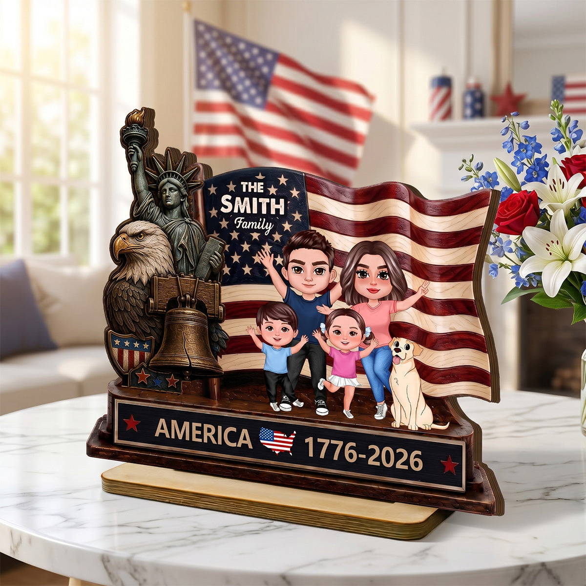 Happy 250th Anniversary 2D Flat - Personalized 2-Layered Wooden Plaque - America 250th Anniversary Keepsake, 4th Of July Family Home Decor