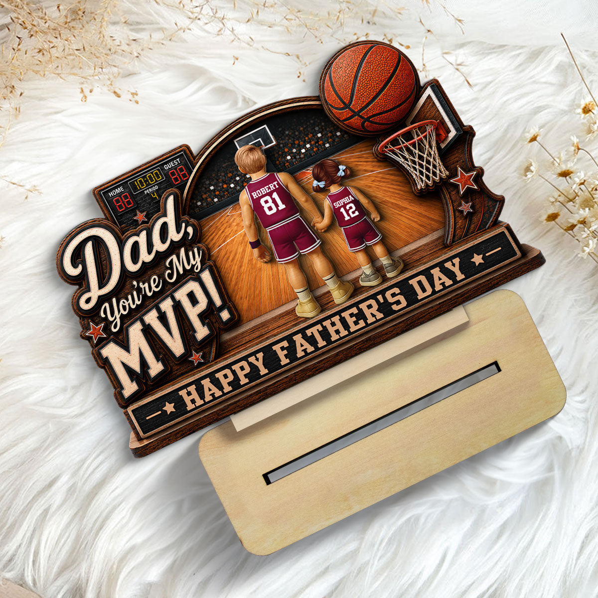 Dad You Are Our MVP Standing Basketball Man & Kids 2D Flat - Personalized 2-Layered Wooden Plaque -  Gift For Basketball Dad