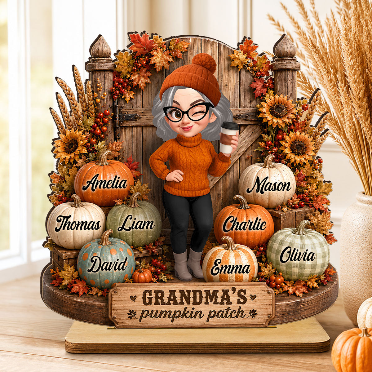 Grandma's Pumpkin Patch Rustic Farmhouse - Personalized 2-Layered Wooden Plaque - Fall Decor for Grandma