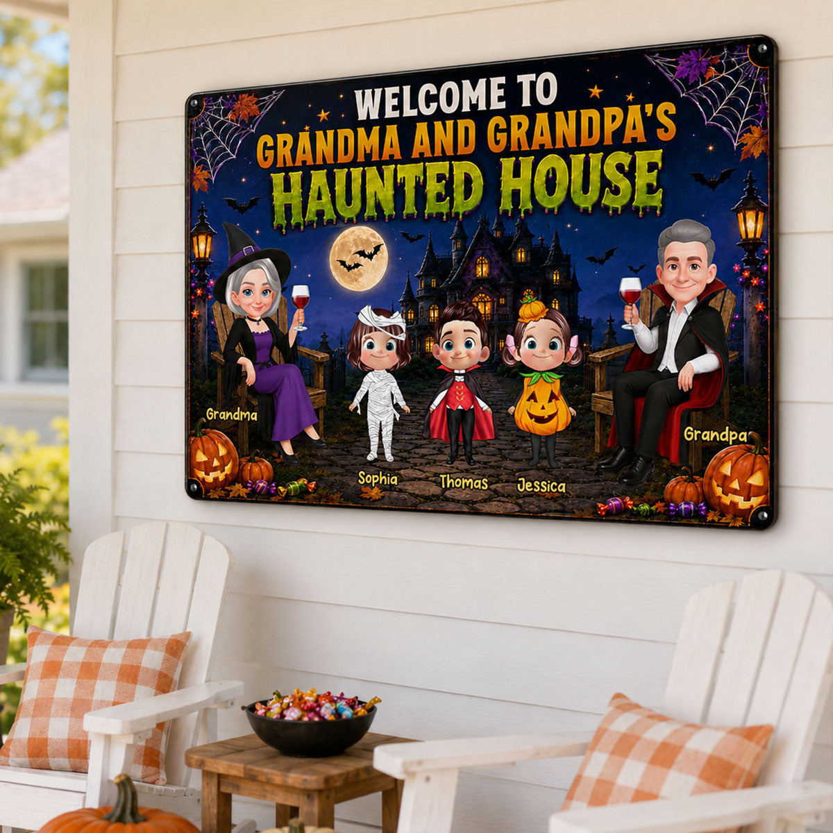 Whimsical Grandma & Grandpa's Haunted House With Grandkids - Personalized Metal Sign - Halloween Decoration For Grandparents