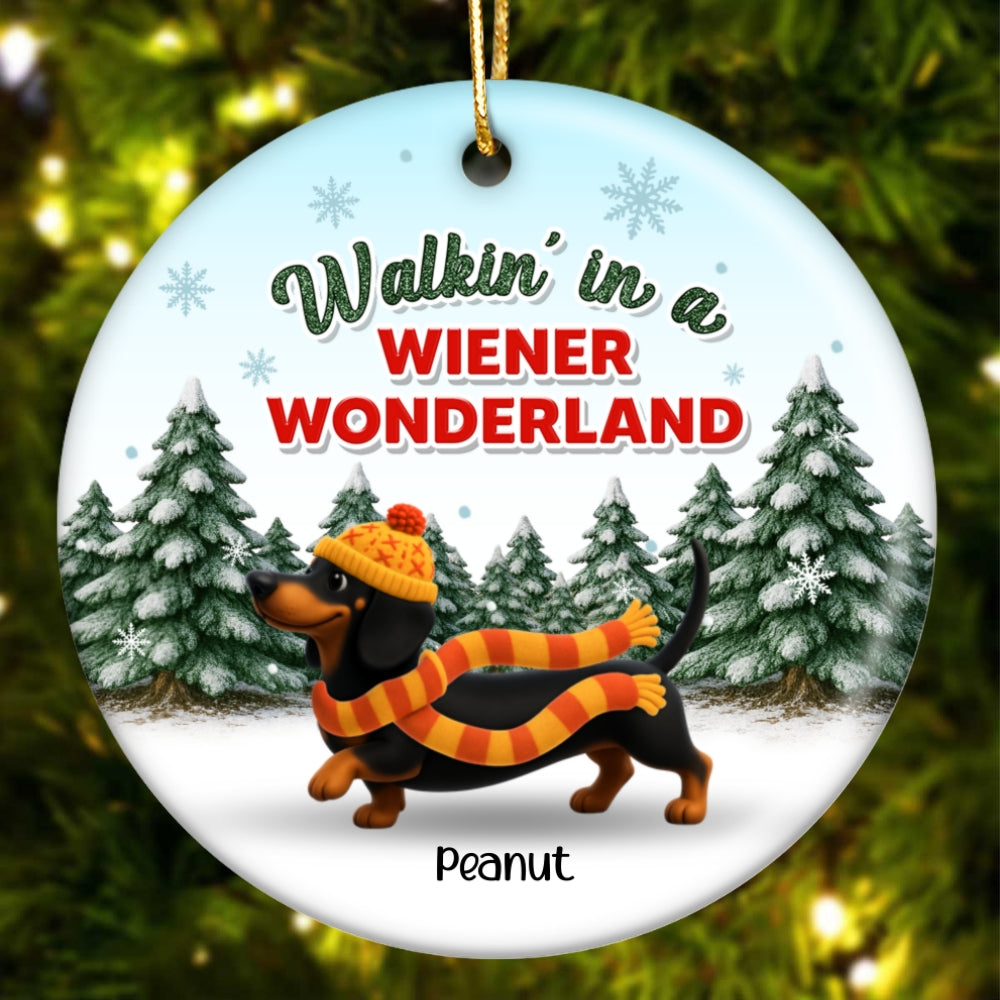 Christmas Dachshunds Walking In A Wiener Wonderland - Personalized Ceramic Ornament - Gift For Dachshund Lovers