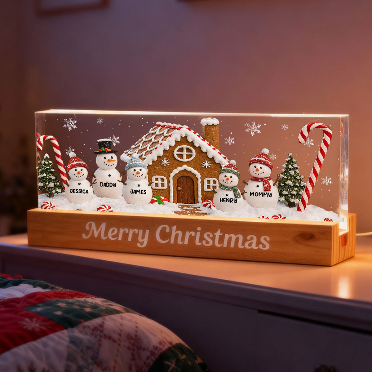 3D Effect Snowman Family Grandparents In Snow - Personalized Acrylic Block LED Night Light - Christmas Decor For Grandma, Family