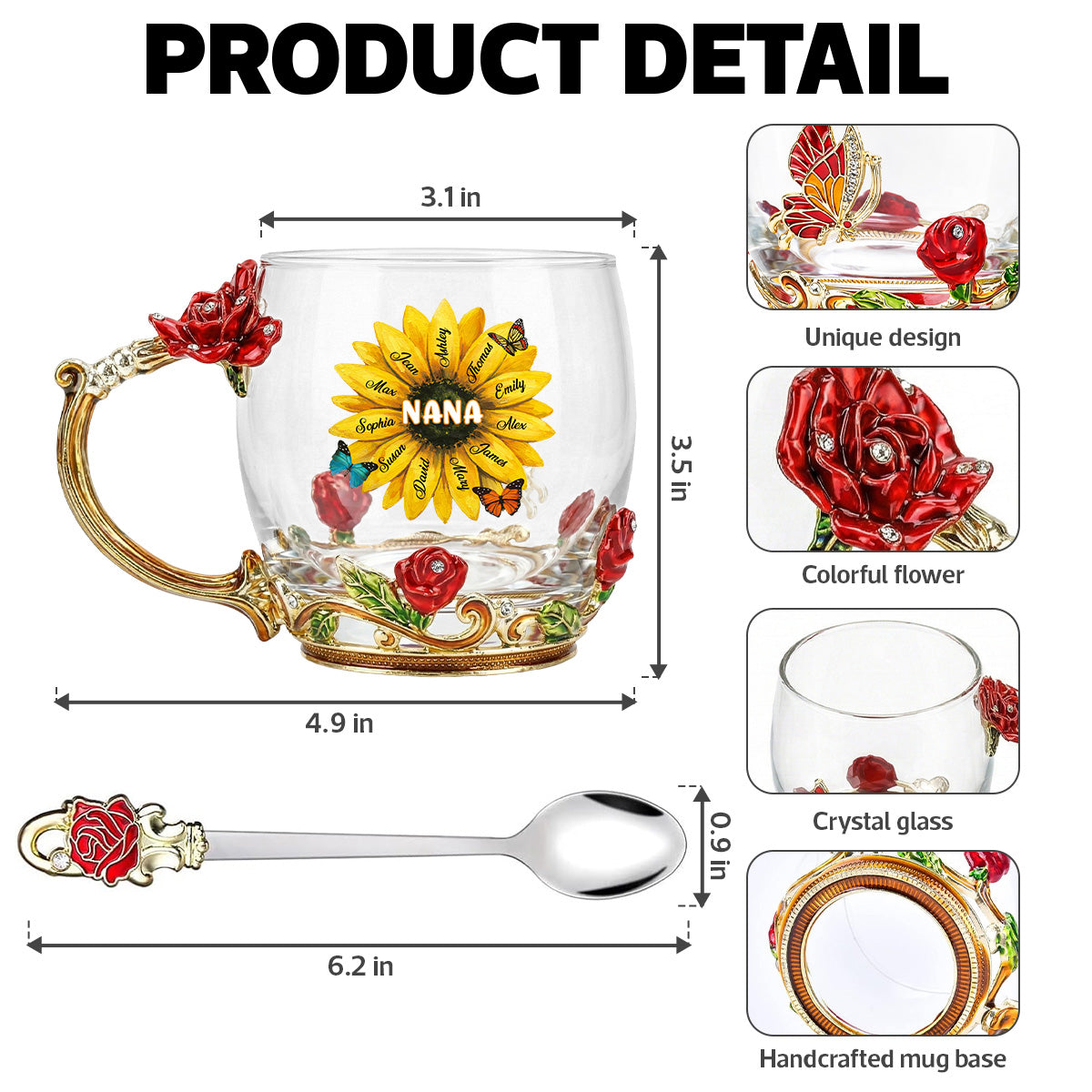 Grandma Sunflower Custom Kids Names - Personalized Enamel Flower Tea Cup - Gift For Grandma, Mom