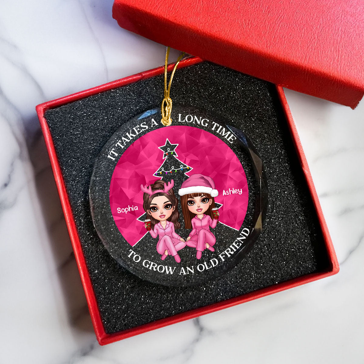 Pink Christmas Besties Sister Christmas Tree Personalized Glass Ornament