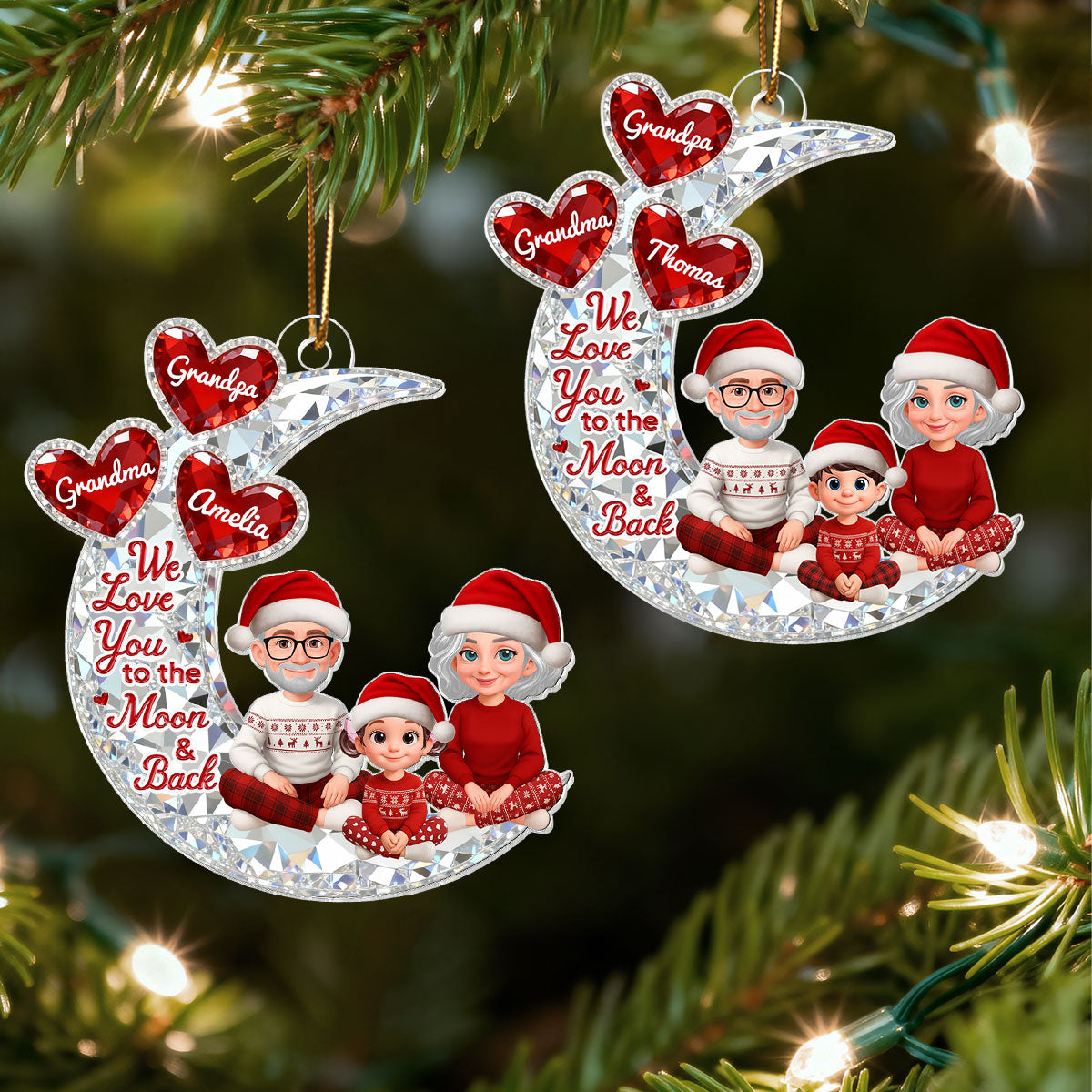 3D Effect Flat Moon Grandpa Grandma Grandkid Love You To The Moon And Back - Personalized Acrylic Ornament - Christmas Gift For All Grandkids