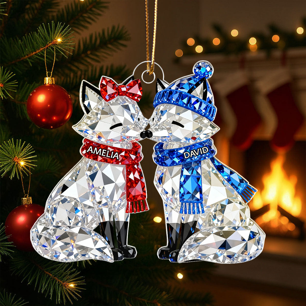 3D Crystal Effect Christmas Foxes Couple - Personalized Acrylic Ornament - Heartwarming Christmas Gift for Couple