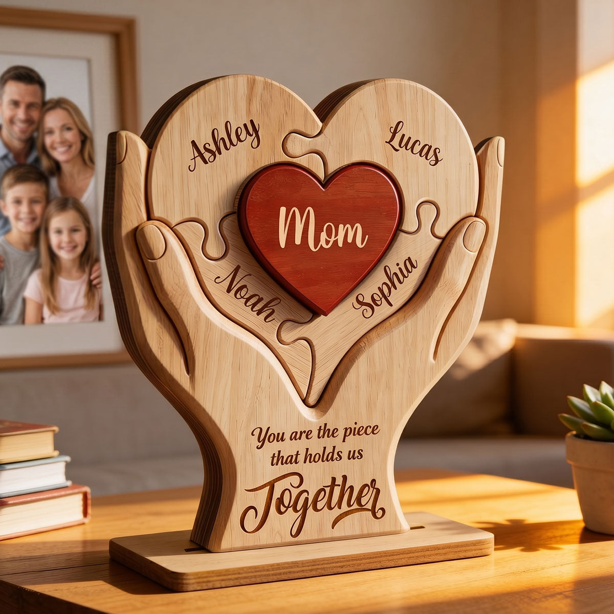 Mom The Piece That Holds Us Together - Personalized 2-Layered Wooden Plaque - Mother's Day Gift for Mom, Wife