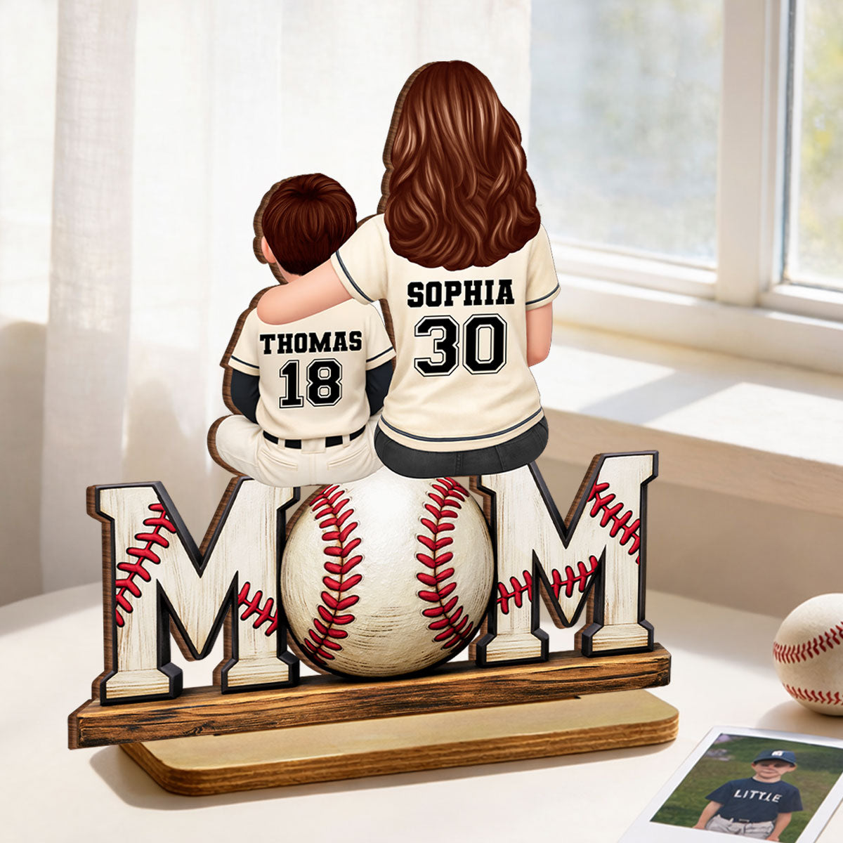 Baseball Mom and Kids Sitting Back View - Personalized 2-Layered Wooden Plaque - Heartfelt Gift for Mom