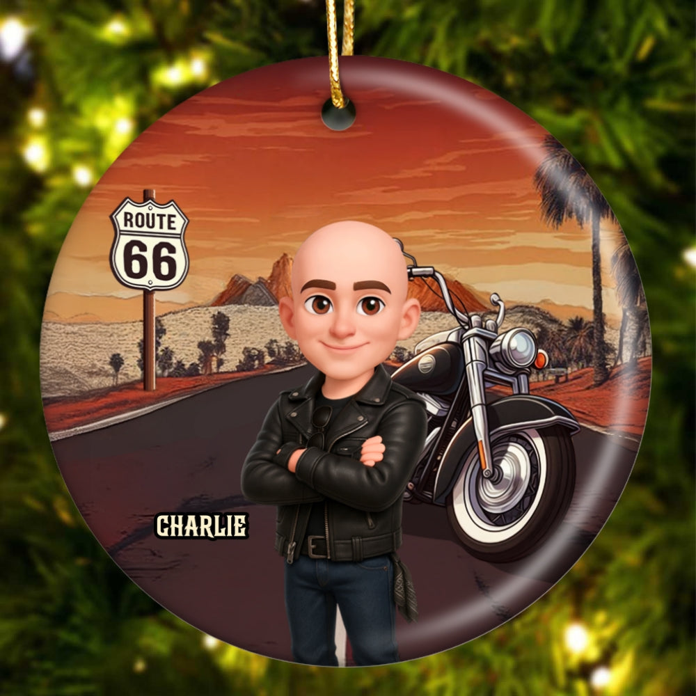 Biker On The Road Christmas - Personalized Ceramic Ornament - Gift For Bikers, Gift For Him, For Her
