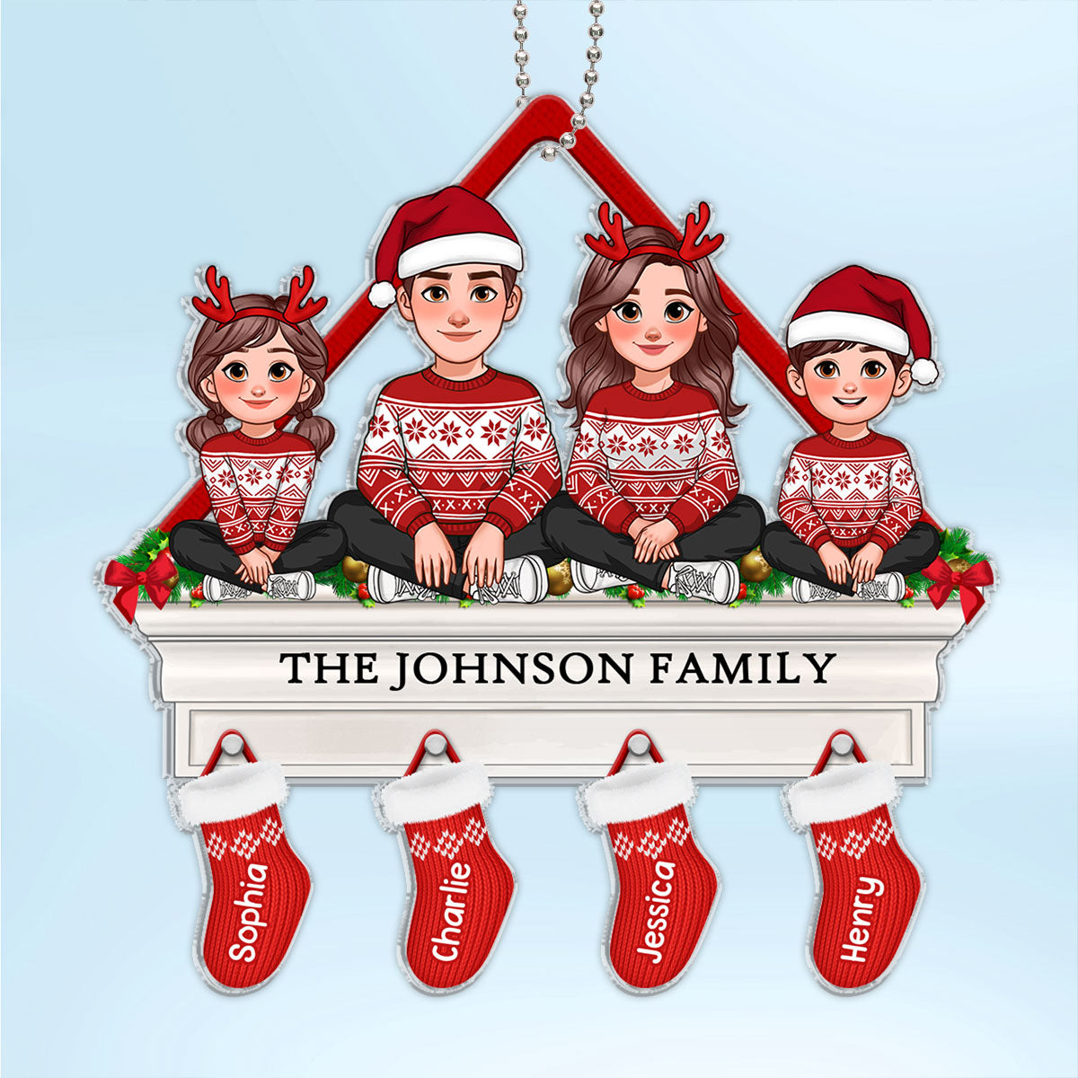 Family Sitting On Christmas Mantel With Stocking Personalized Acrylic Ornament