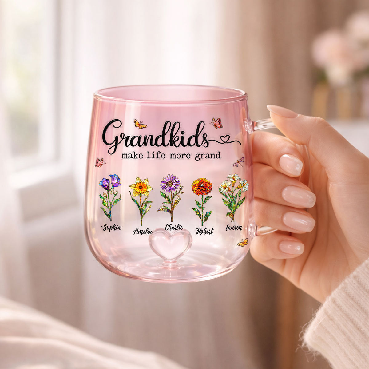 Grandkids Make Life More Grand Custom Birth Flower - Personalized Glass Mug - Heartfelt Mother's Day Gift for Grandma, Mom