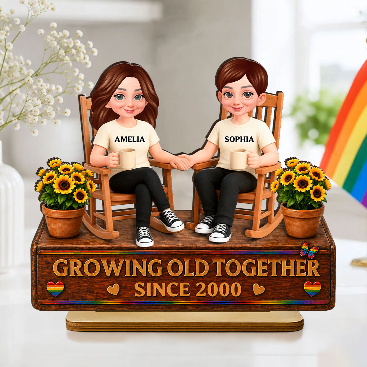 LGBT+ Couple Sitting On Garden - Personalized 2-Layered Wooden Plaque - Gift For Couple, Happy Pride Month