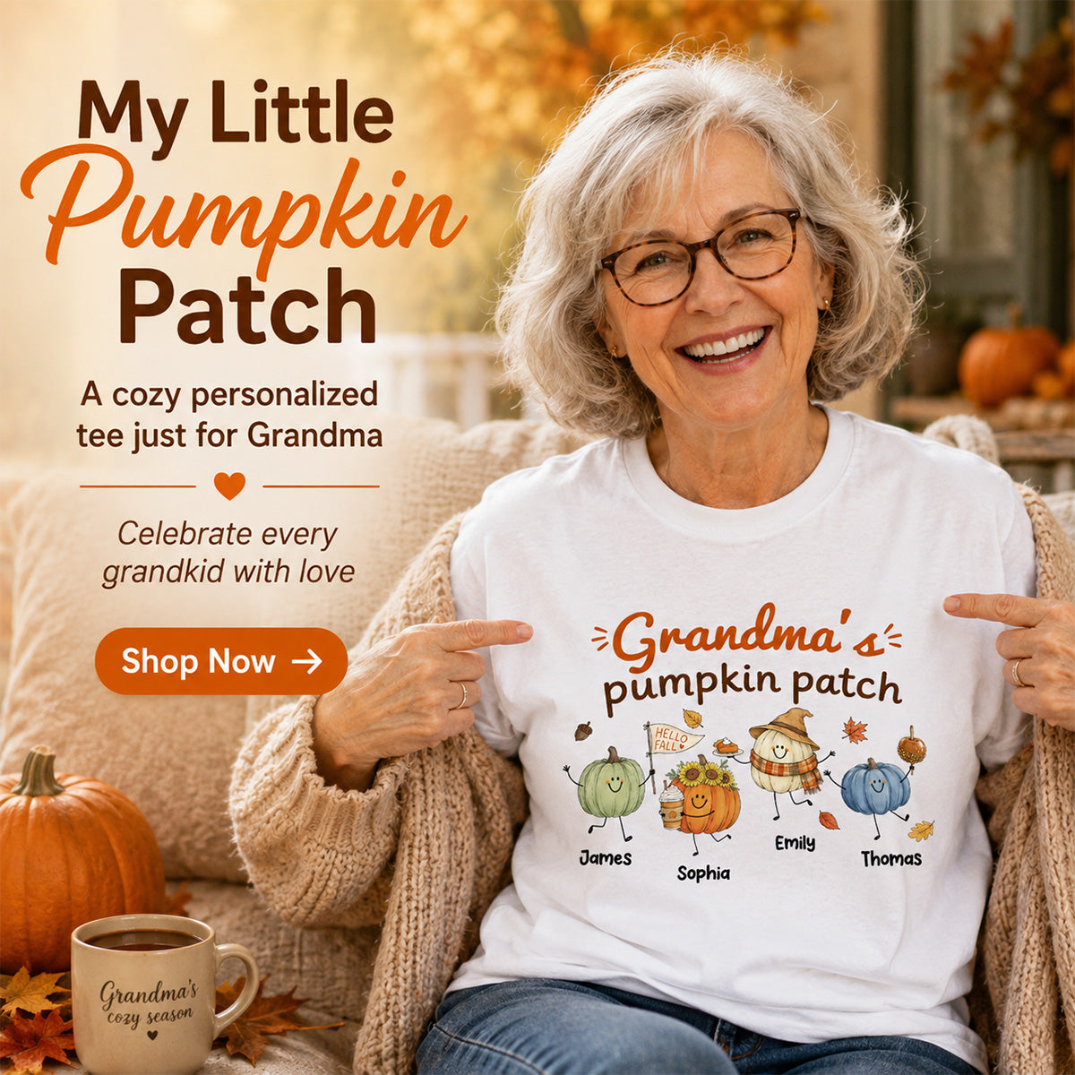 Grandma's Pumpkin Patch Cute Characters - Personalized Shirt - Fall Season Shirt For Grandma, Mom