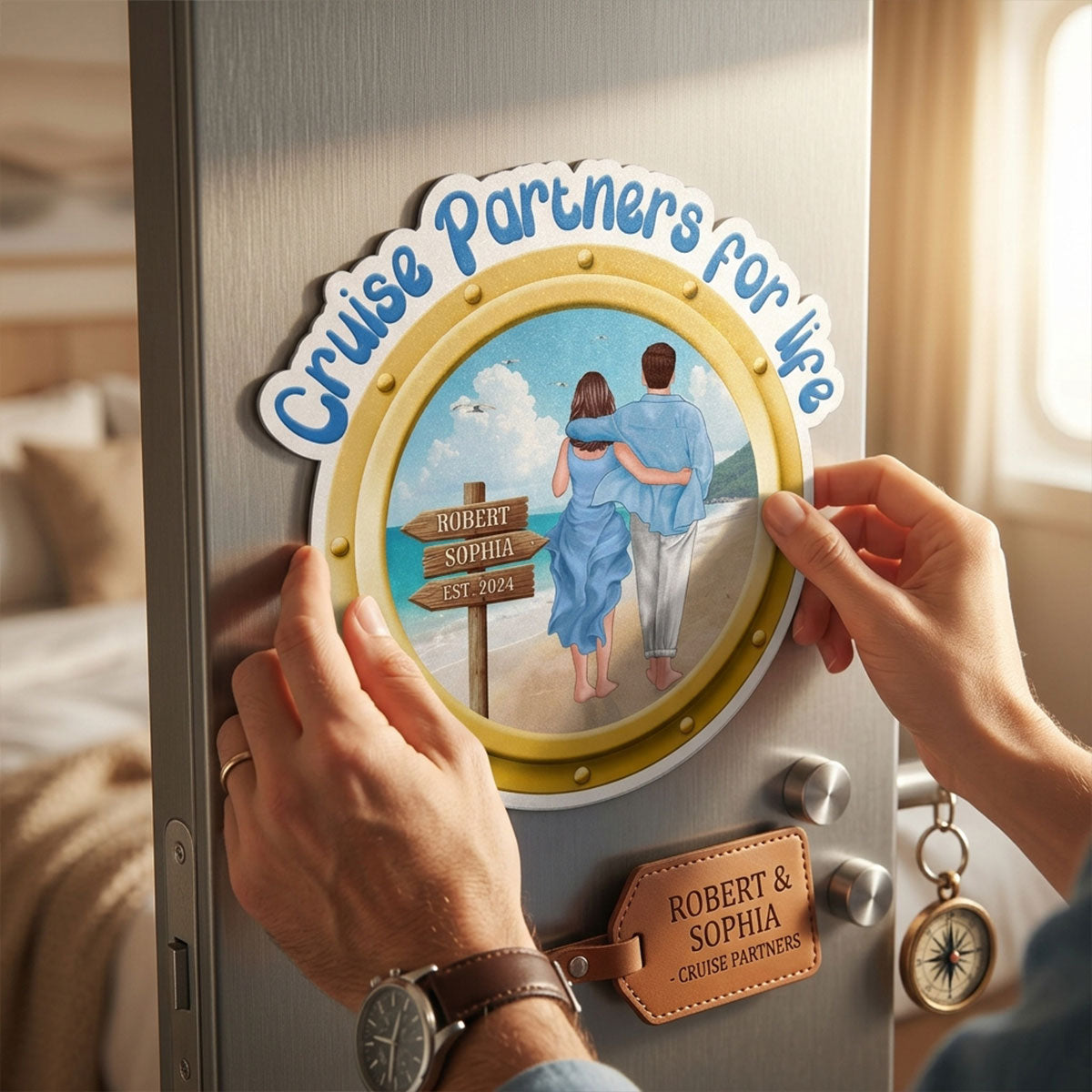 Cruise Partners For Life Porthole Couple Walking At Beach - Personalized Cruise Ship Door Magnet