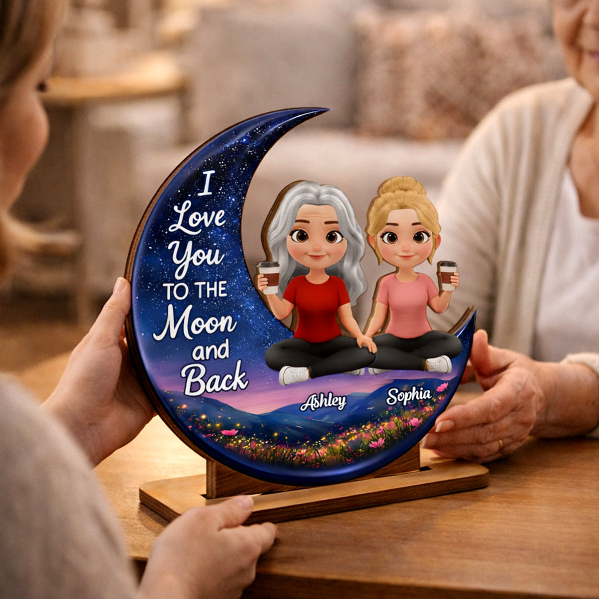 I Love You To The Moon And Back Mom Daughters - Personalized 2-Layered Wooden Plaque - Heartfelt Gift For Mom, Grandma