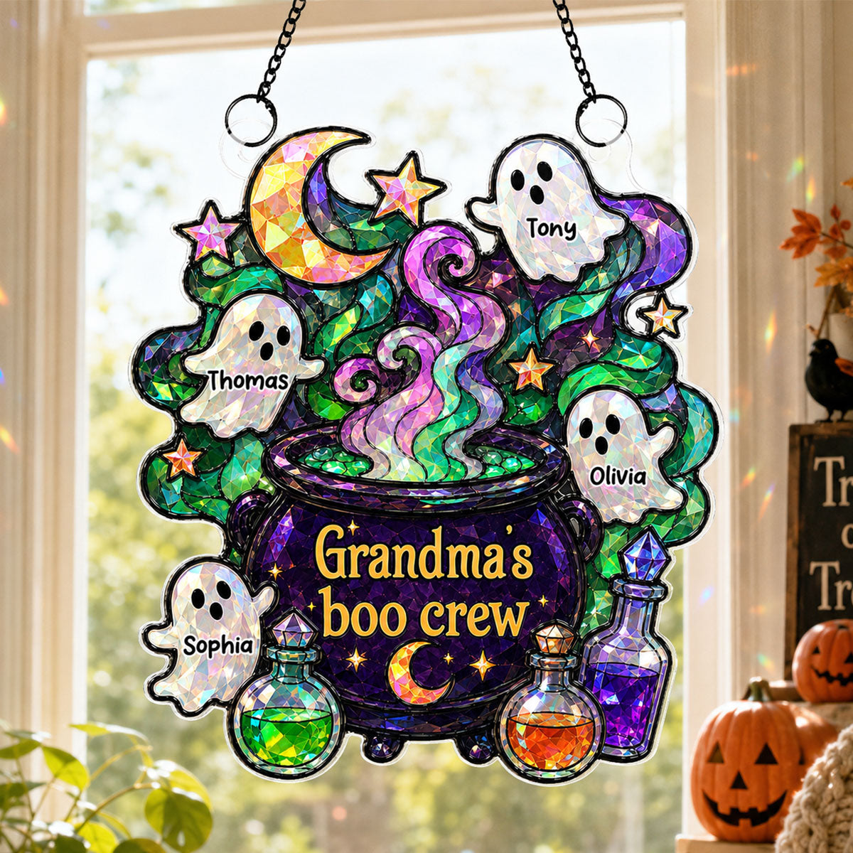 Mysterical Grandma's Boo Crew Cauldron - Personalized Window Hanging - Halloween Decoration For Grandma