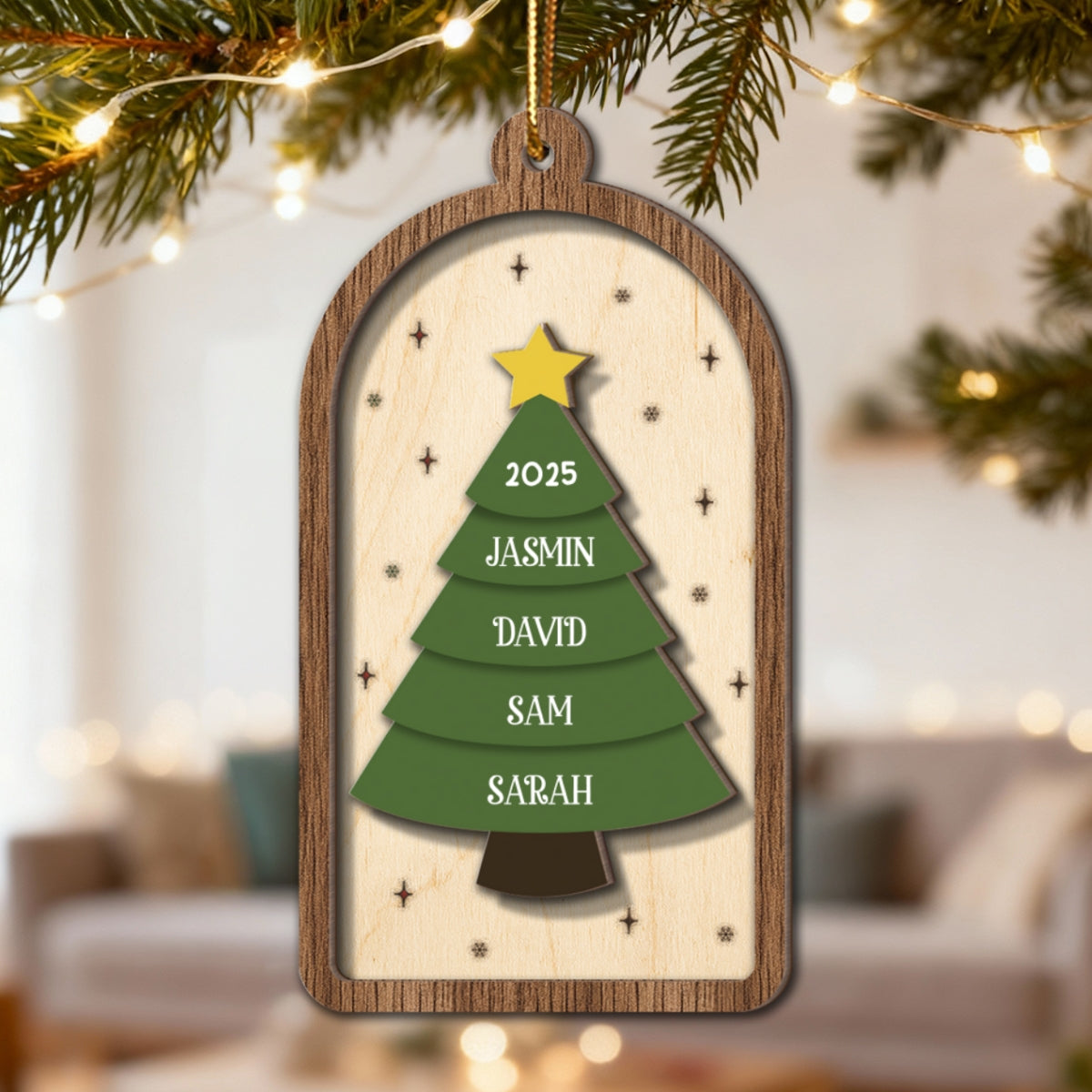Festive Christmas Tree Family Names - Personalized 2-Layered Wooden Ornament