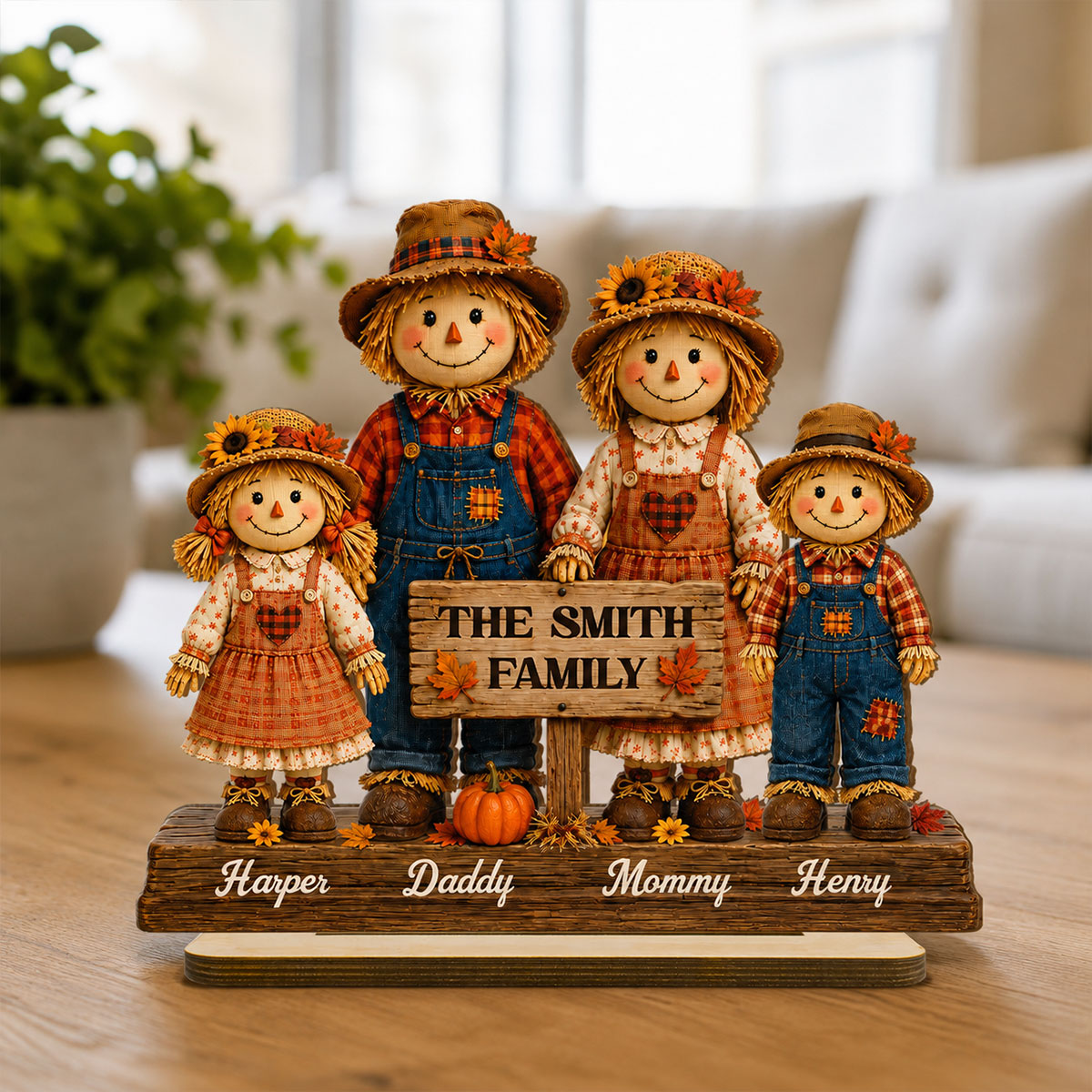 Scarecrow Family Fall Season 2D Flat - Personalized Standing Wooden Plaque