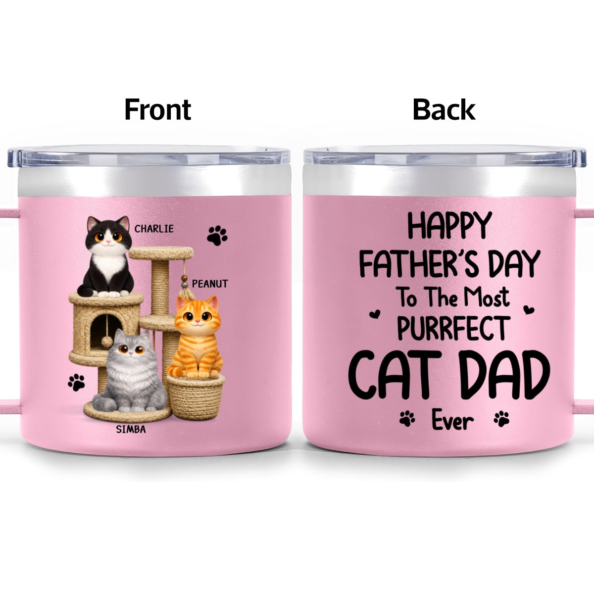 Happy Father's Day To The Most Purrfect Cat Dad Cute Cats On Cat Tree - Personalized Stainless Steel Tumbler With Handle - Father's Day Gift For Cat Dad