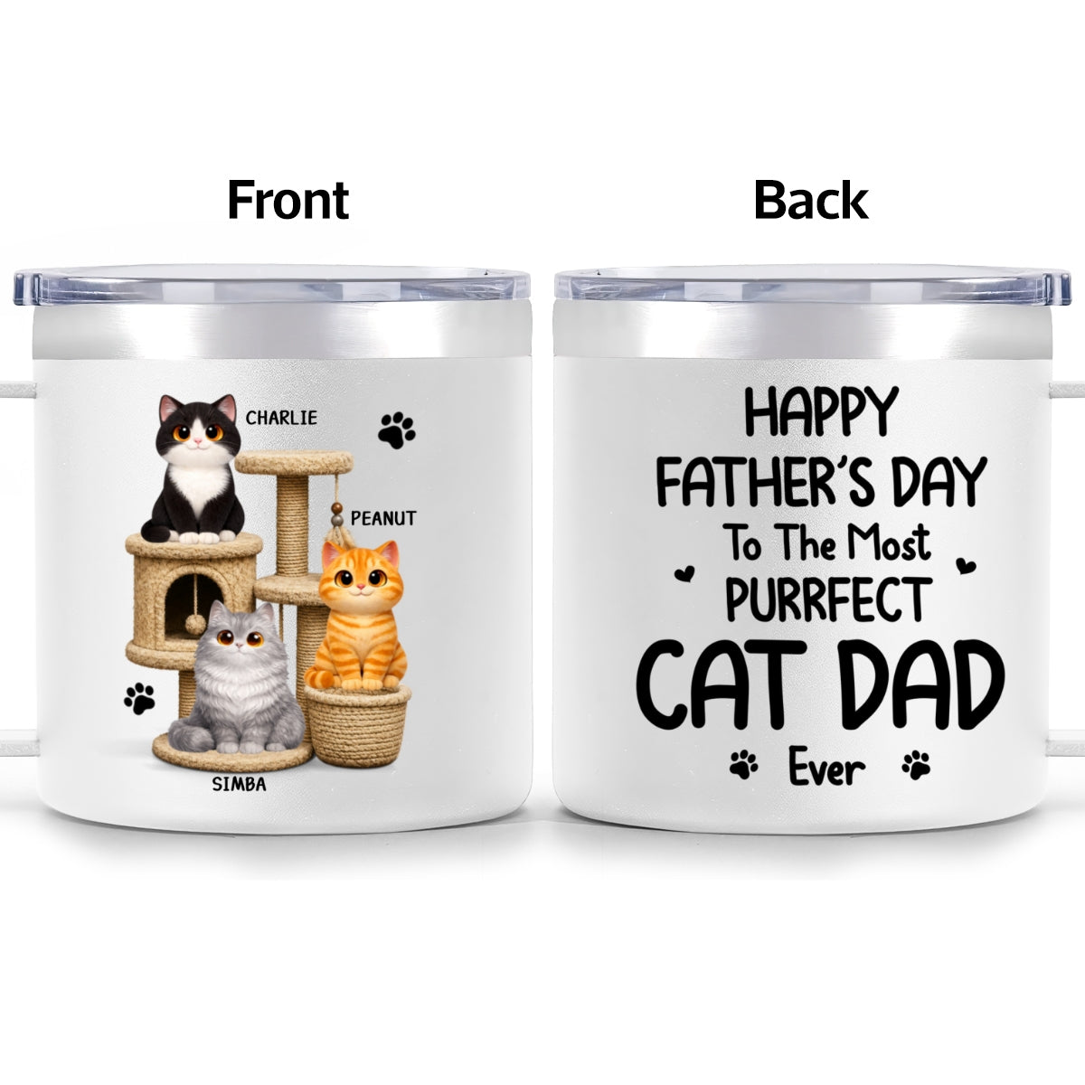 Happy Father's Day To The Most Purrfect Cat Dad Cute Cats On Cat Tree - Personalized Stainless Steel Tumbler With Handle - Father's Day Gift For Cat Dad