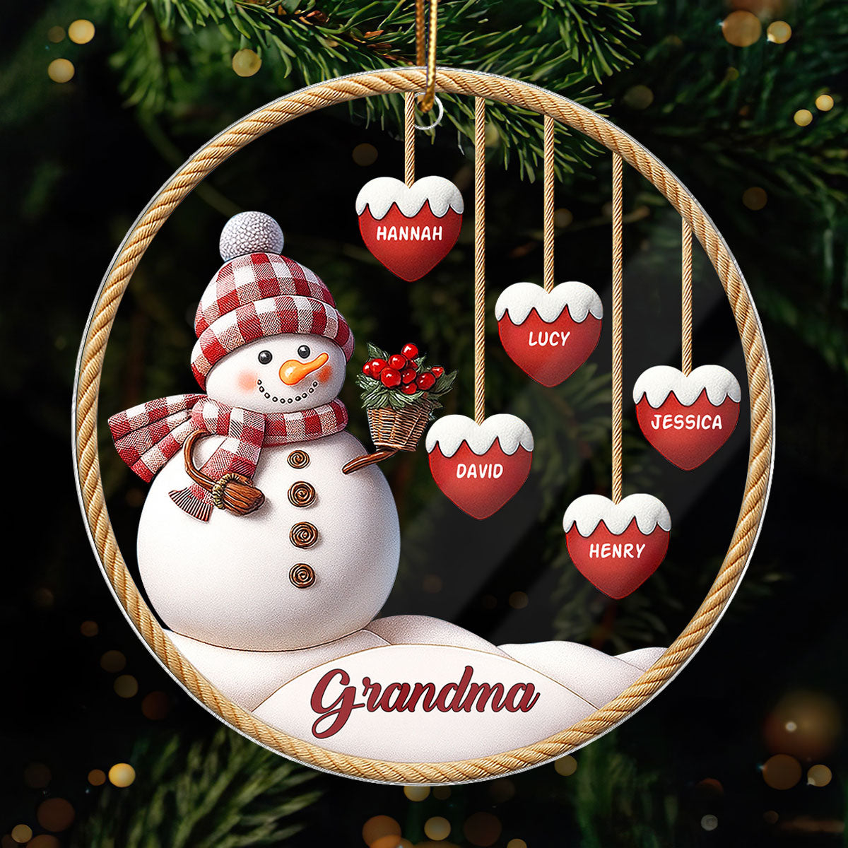 3D Effect Grandma Snowman With Grandkids Name - Personalized Acrylic Ornament - Christmas Decor For Grandma