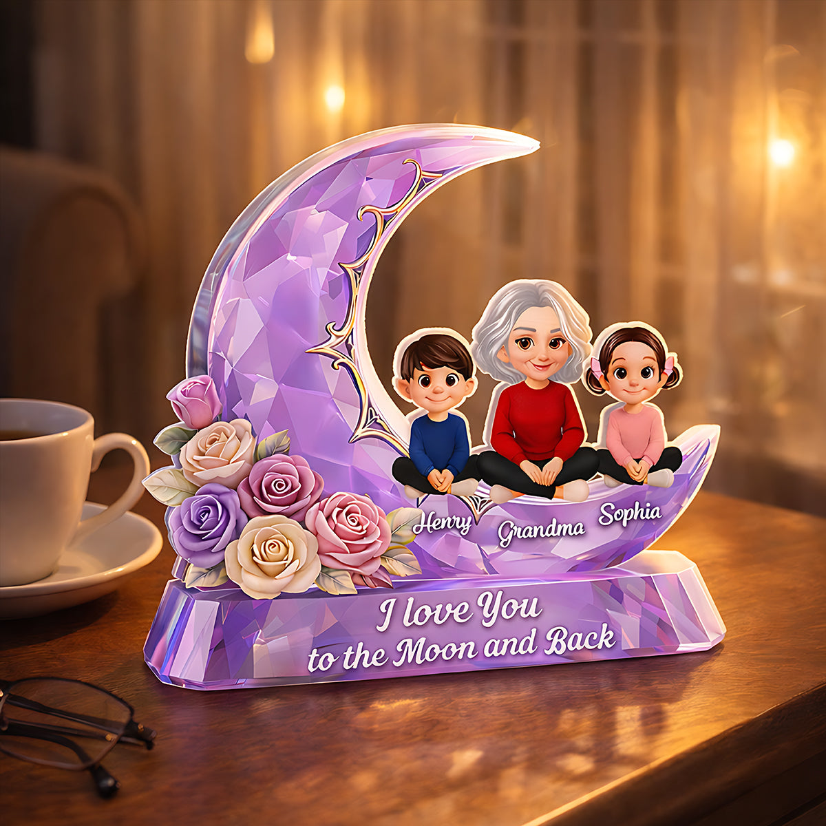 Love You To The Moon Grandma Grandkids Rose Moon - Personalized Acrylic Block Plaque - Heartfelt Gift For Mom, Grandma