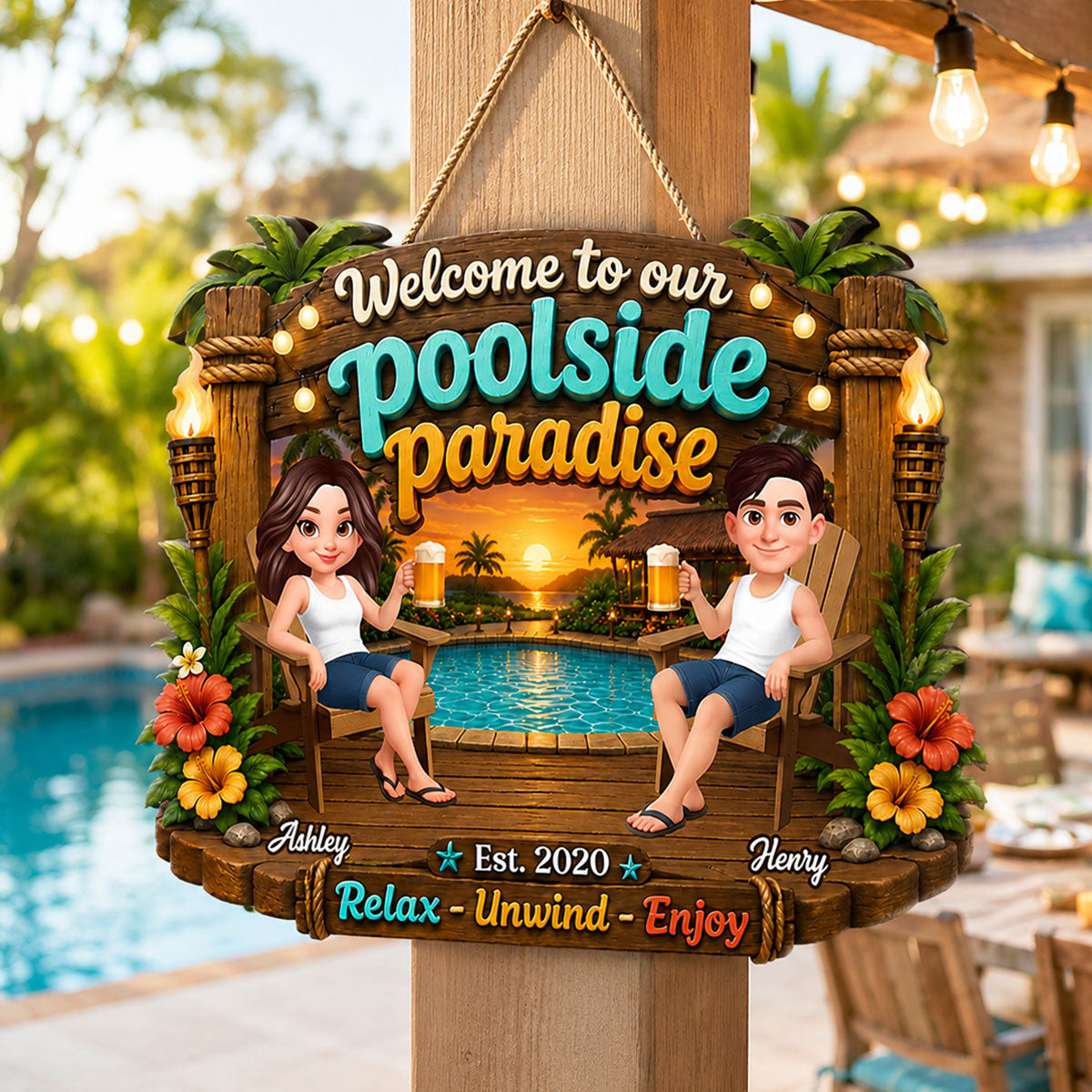 Welcome To Our Poolside Paradise Summer - Personalized Wood Sign - Gift For Couple, Summer Decoration