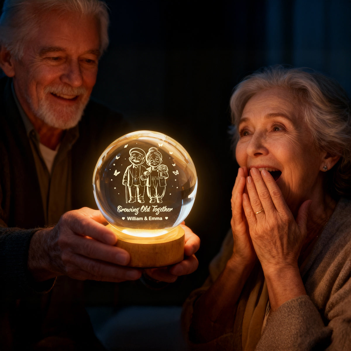 Couple Growing Old Together - Personalized Crystal Ball LED Night Light - Heartfelt Valentine's Day Gift for Her, for Him