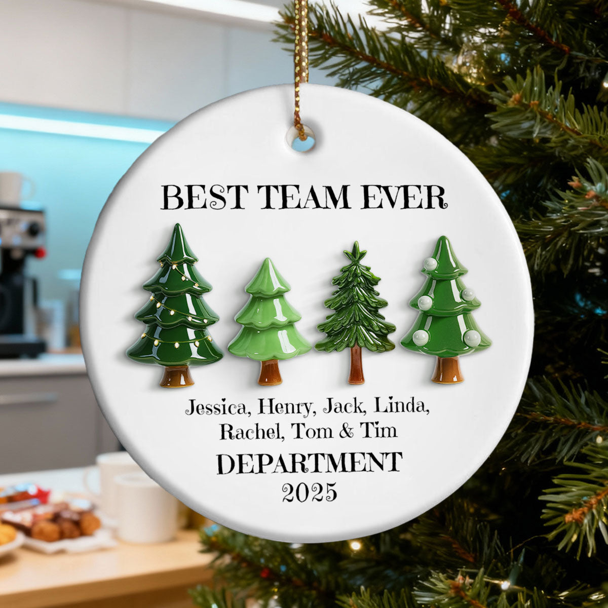 Best Team Ever Christmas Tree Line 3D Effect - Personalized Ceramic Ornament - Gift For Colleagues, Coworkers