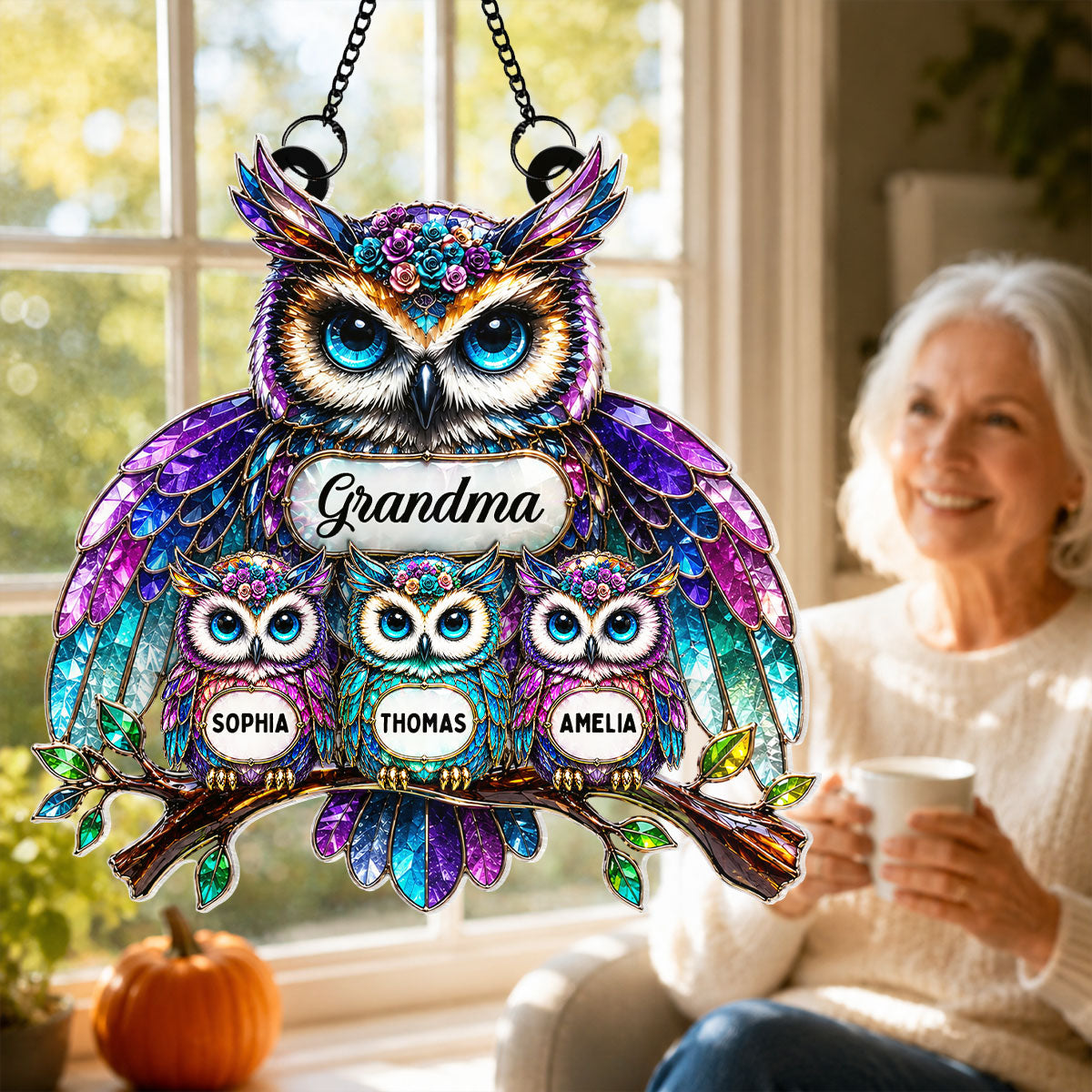Grandma Owl - Personalized Window Hanging Decor - Halloween Decor for Grandma