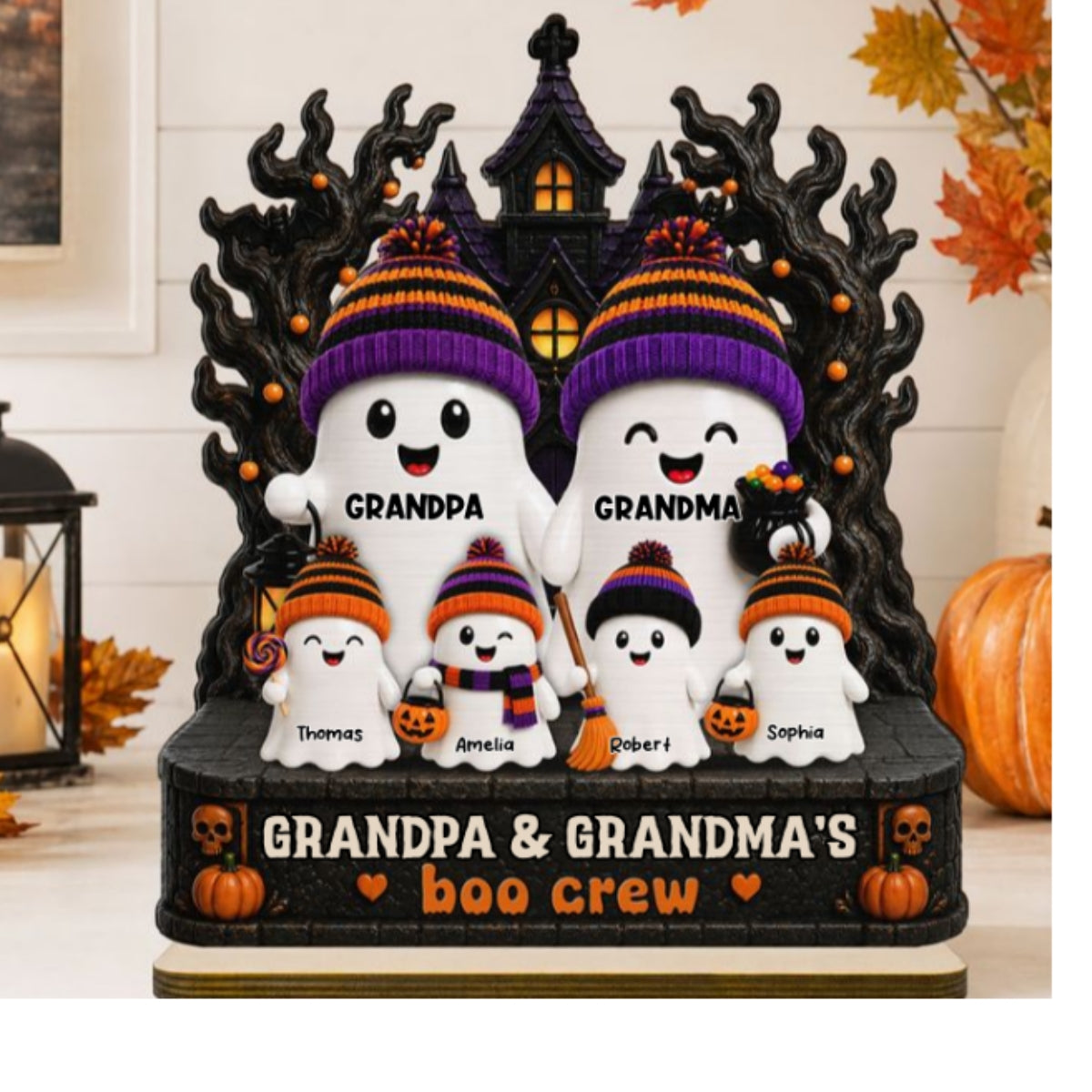 Mysterical Grandma Grandpa's Boo Crew Haunted House - Personalized 2-Layered Wooden Plaque - Halloween Decoration For Grandparents