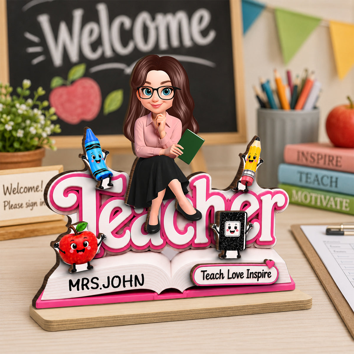 Teacher Notebook Teach Love Inspire - Personalized 2-Layered Wooden Plaque - Back to School Gift for Teacher