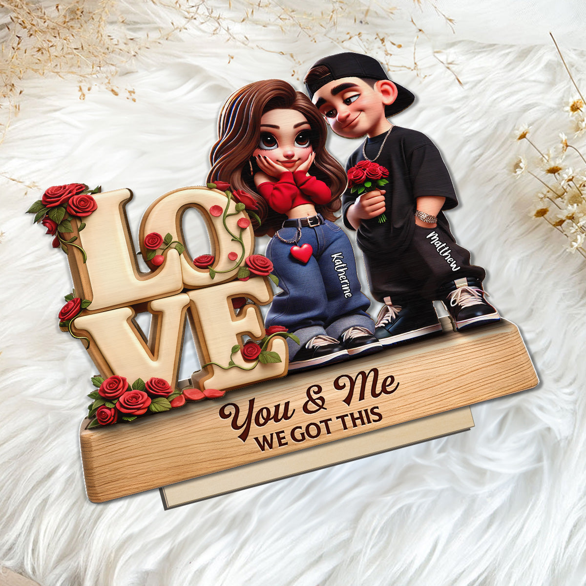 Y2K Couple Love Rose - Personalized 2-Layered Wooden Plaque - Valentine's Day Gift For Couple, For Him, For Her, Nurse, Police, Firefighter, Army