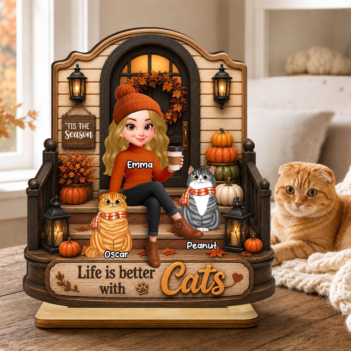 Life is Better with Cats - Personalized 2-Layered Wooden Plaque - Fall Decor for Cat Moms
