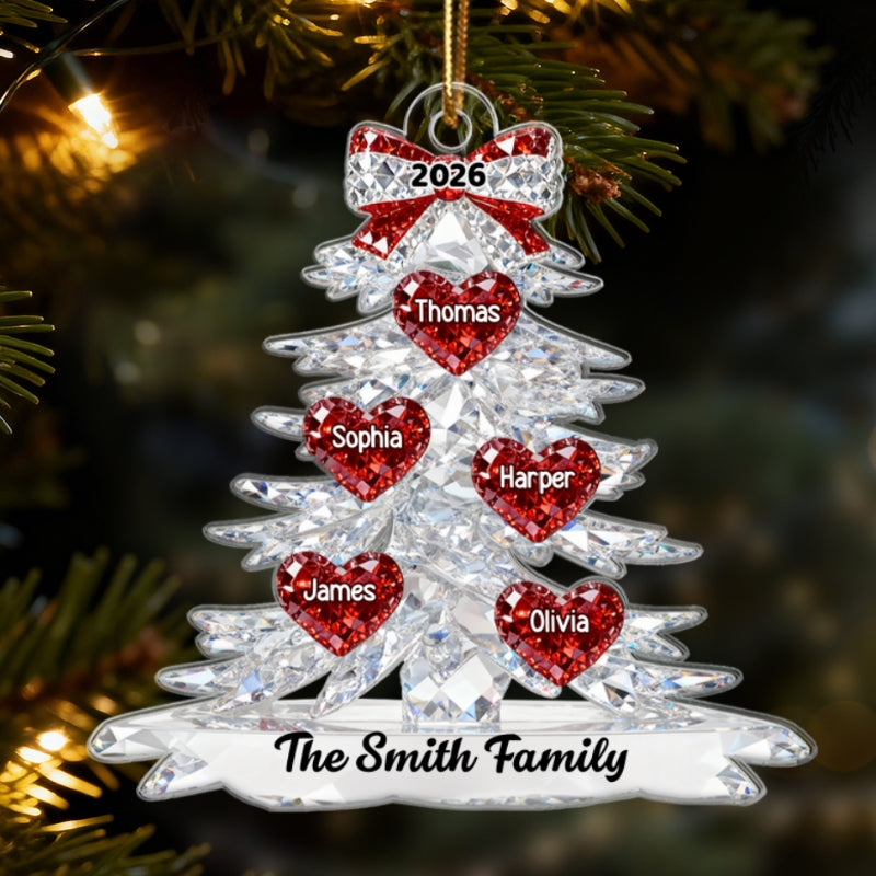 3D Effect Flat Family Christmas Tree Hearts Names - Personalized Acrylic Ornament - Gift For Family