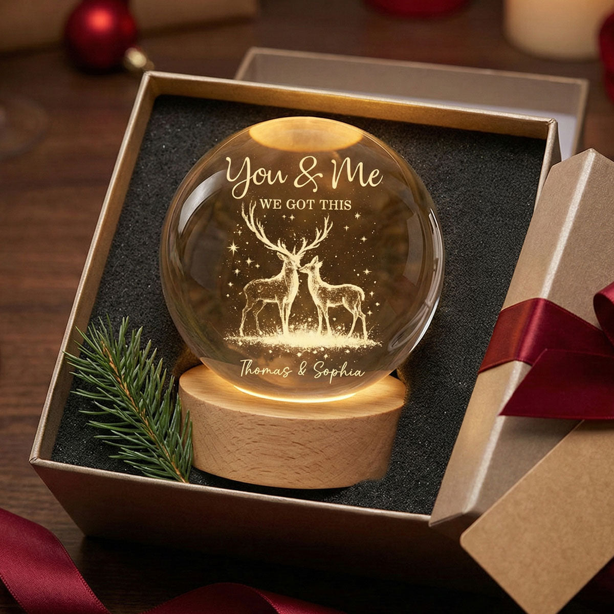 Eternal Love Deers Couple - Personalized Crystal Ball LED Night Light - Valentine's Day Gift For Couple, Hunters, For Her, For Him