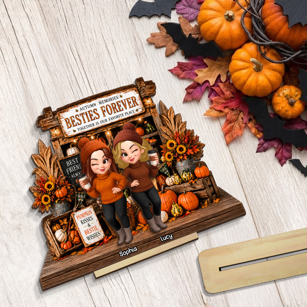 Rustic Pumpkin Patch Farm Besties - Personalized 2-Layered Wooden Plaque - Fall Season Gift For Besties