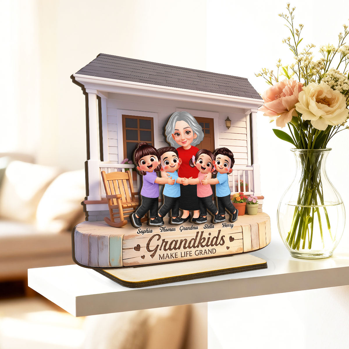 Grandma And Grandkids Happy Together At Front Porch - Personalized 2-Layered Wooden Plaque - Gift For Grandma