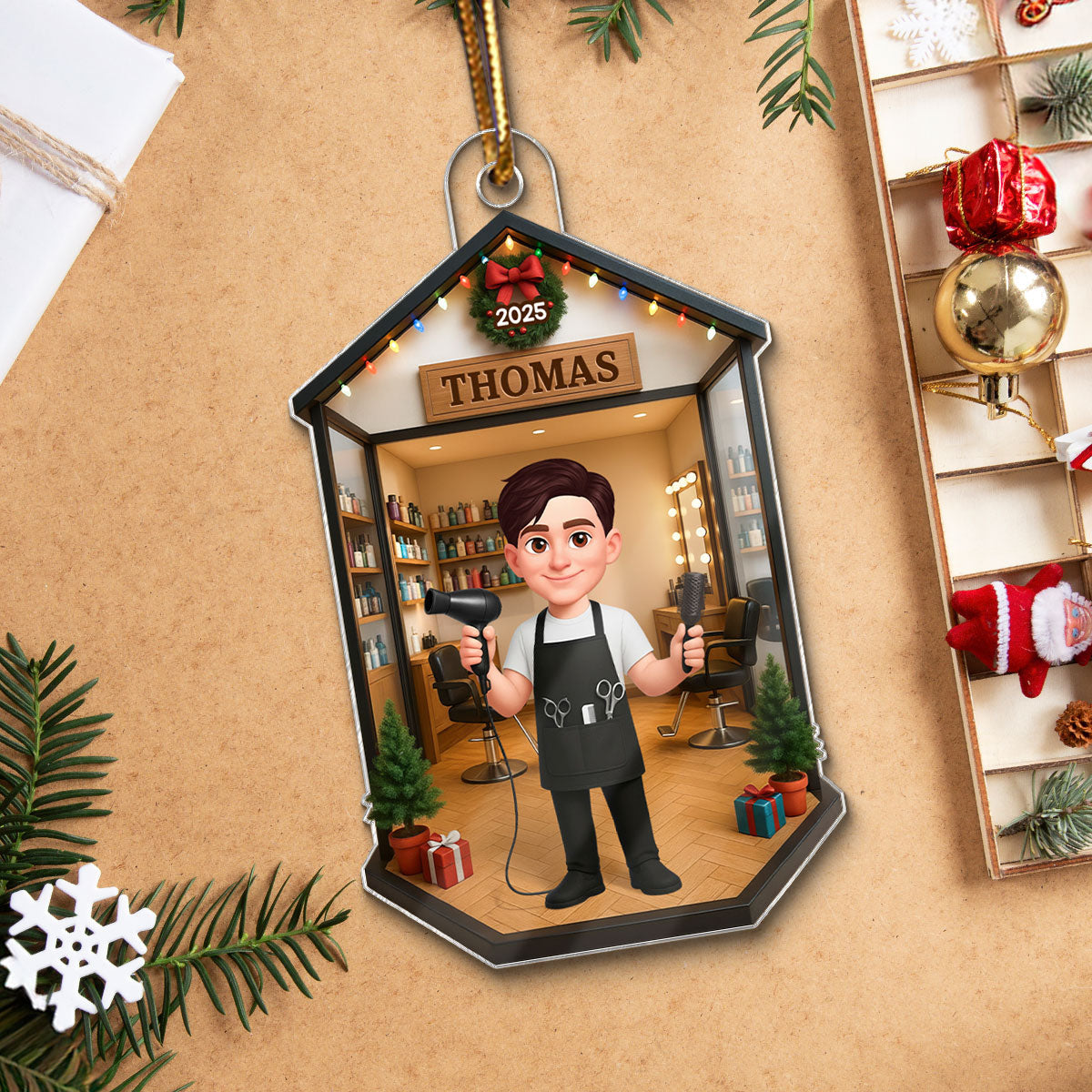3D Effect Christmas Hair Salon Hairdresser Man Woman - Personalized Acrylic Ornament - Gift For Hairdressers