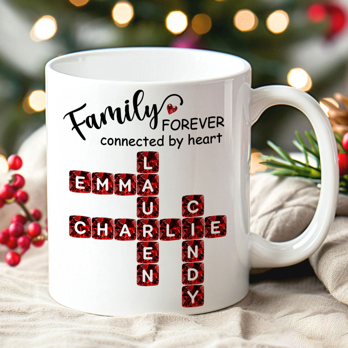 Family Forever Connected by Heart 3D Crystal Crossword - Personalized Mug - Sentimental Gift for for Loved Ones