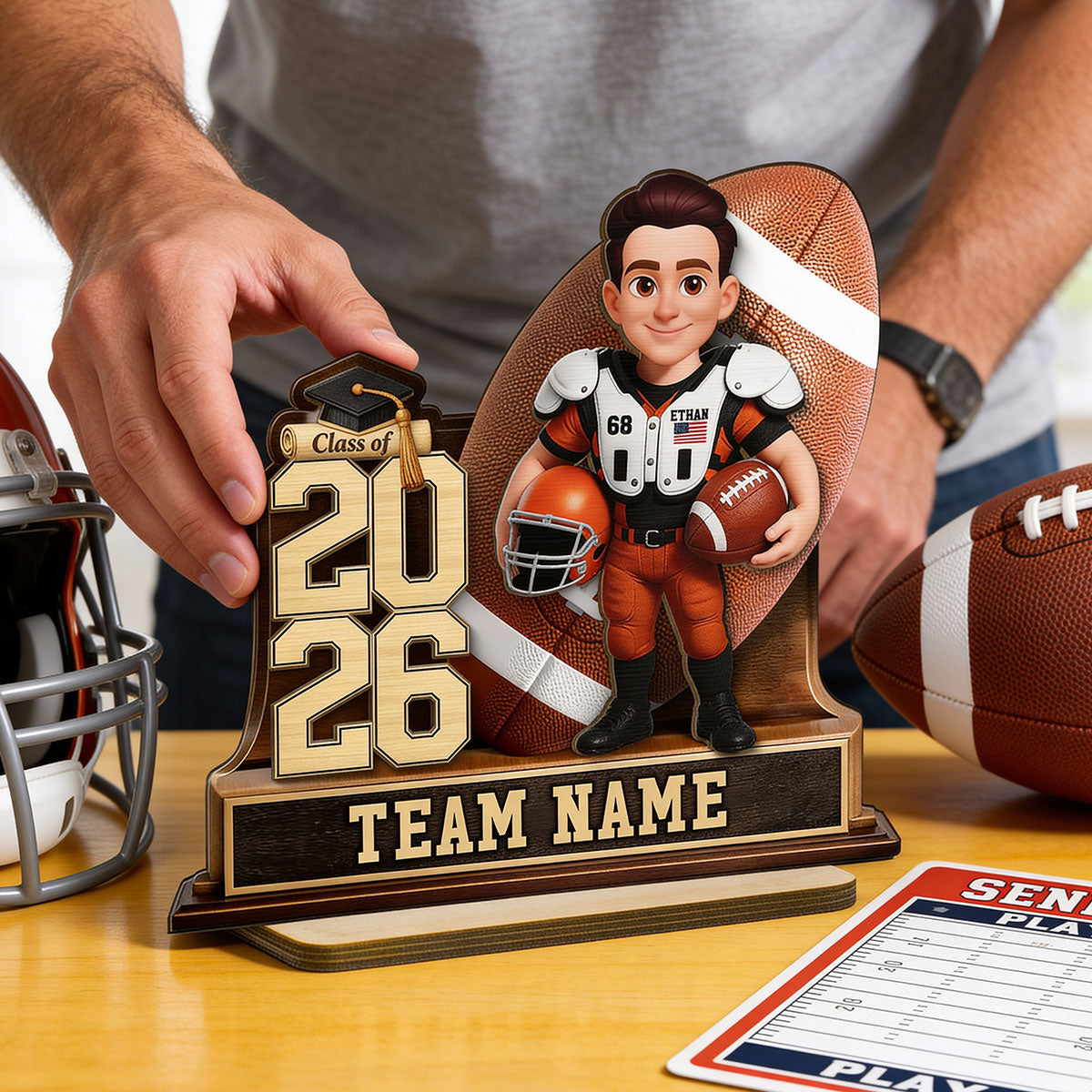 American Football Senior Keepsake 2D Flat - Personalized 2-Layered Wooden Plaque - Graduation Gift For Son, Daughter