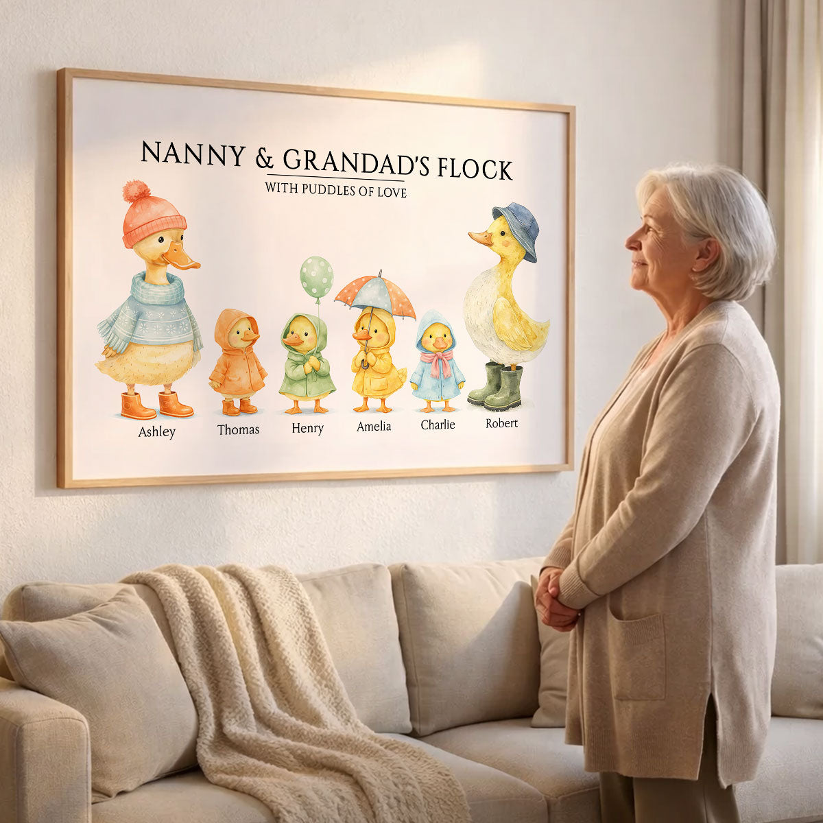 Grandparents Grandad Grandma's Flock with Puddles of Love - Personalised Poster - UK Father's Day Gift for Grandpa