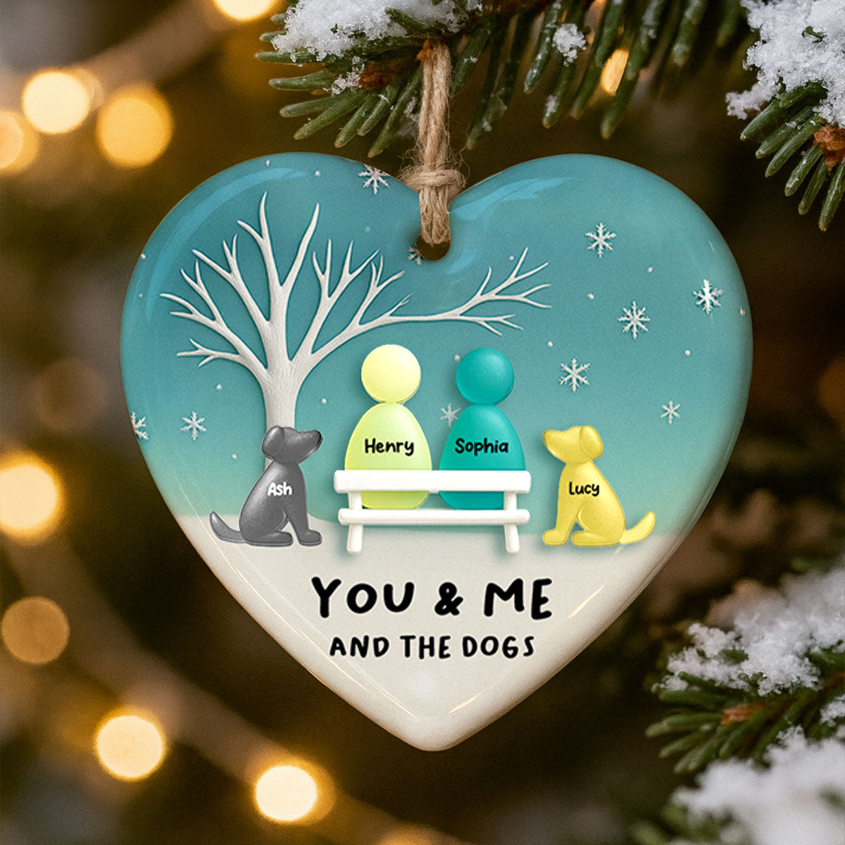 3D Effect Sea Glass Couple & the Dogs - Personalized Ceramic Ornament with Acrylic - Christmas Gift for him, Gift for her