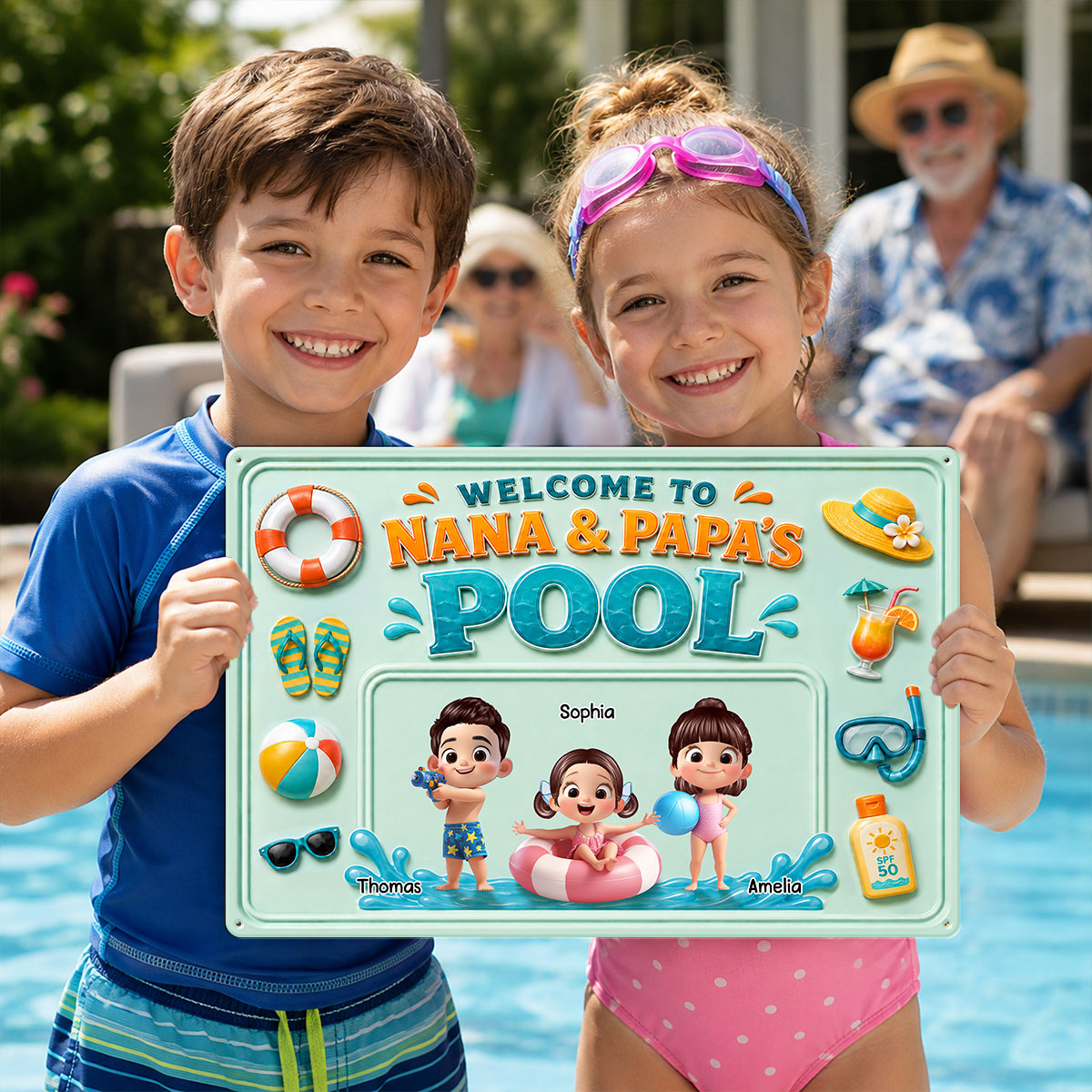 Nana & Papa's Poolside With Kids - Personalized Metal Sign - Gift For Kids, Grandparents, Summer Decorations