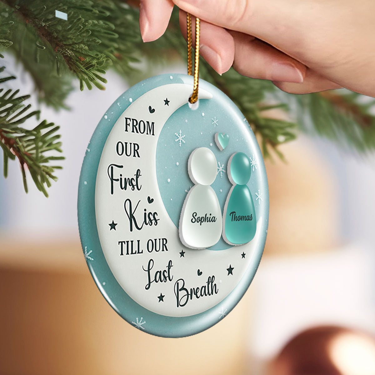 3D Sea Glass Effect Couple On Moon - Personalized Ceramic Ornament With Acrylic Pieces