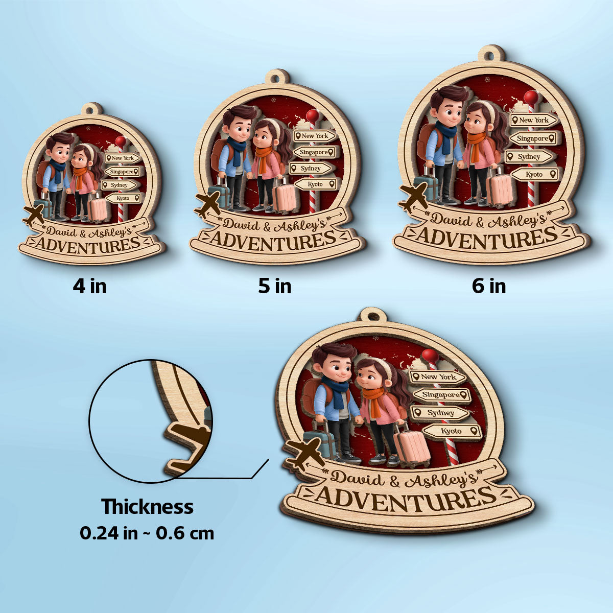 Travel Destination Ornament For Adventure Couple - Personalized Wooden Ornament - Christmas Gift For Him, For Her