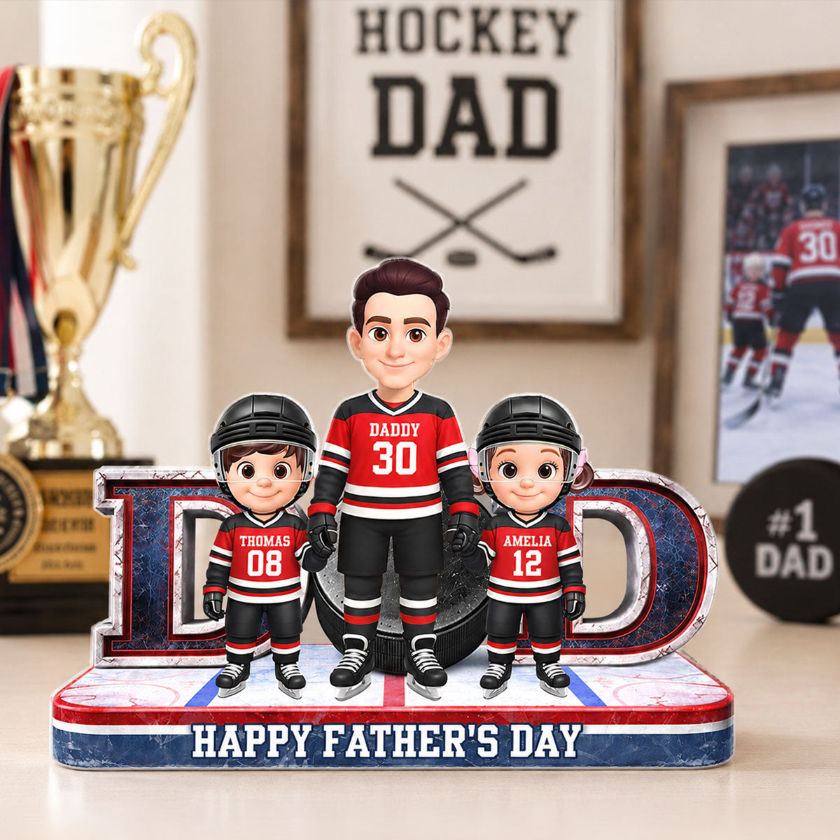 Hockey Dad And Kids Together Front View - Personalized Acrylic Block Plaque -  Gift For Dad, Husband