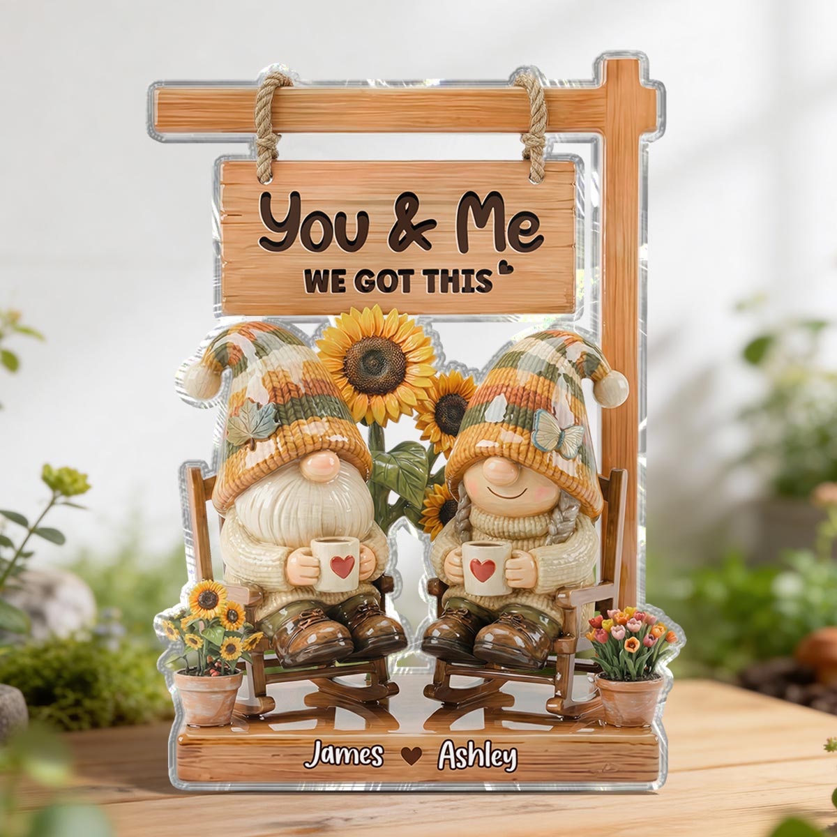 3D Effect Gnome Couple Sitting On Rocking Chair - Personalized Acrylic Block Plaque - Anniversary, Valentine's Day Gift For Him, Gift For Her