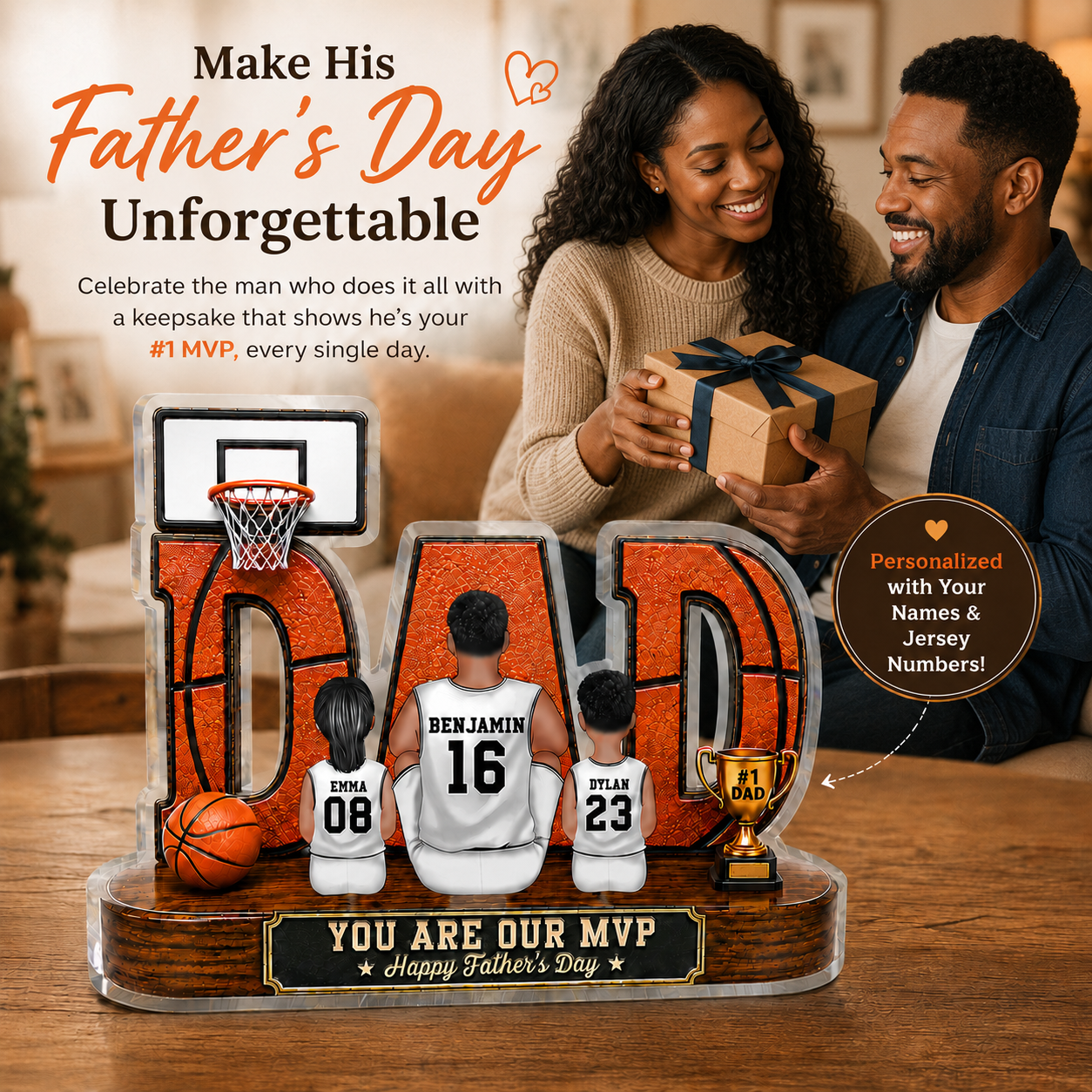 Basketball Dad Legend Daddy's Dream Team 2D Flat Printed- Personalized Acrylic Block Plaque -  Gift For Dad, Husband, Basketball Fans